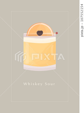 Whiskey sour cocktail with slice of orange and cherry. Vector illustration. Whiskey sour cocktail with slice of orange and cherry. Vector illustration. 107552154