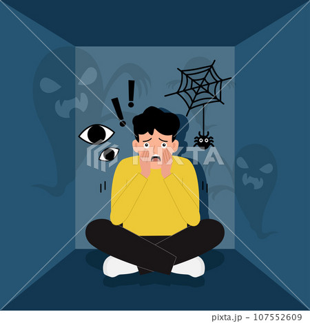 Man suffers from phobias and fears. The psychological concept of mental disorder and paranoia. Vector illustration 107552609