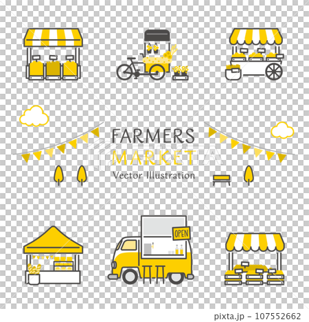 Vector illustration icon set of shops lined up at a lively farmers market 107552662