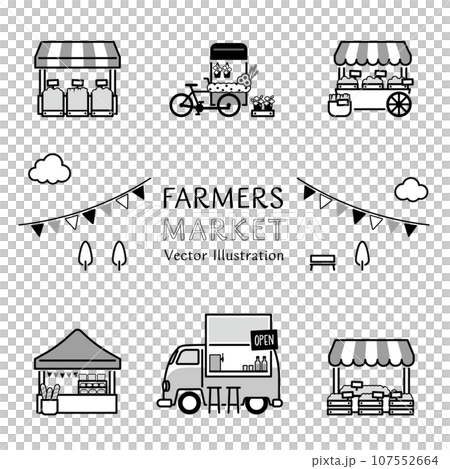 Vector illustration icon set of shops lined up at a lively farmers market 107552664
