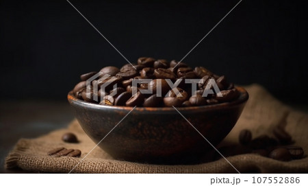 A bowl of roasted dried coffee beans studio shot good for product and marketing with some copy space or for background and backdrop. Close up macro product and studio shot. 107552886