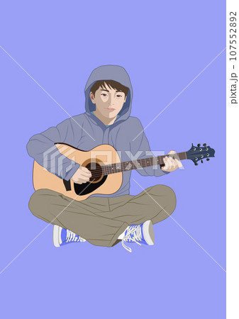 路上に座りギターを弾く若い男性 107552892