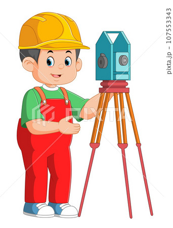 Young man working with total station theodolite of illustration 107553343