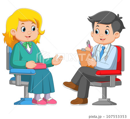 Patient woman talking to primary care physician man of illustration Patient woman talking to primary care physician man of illustration 107553353