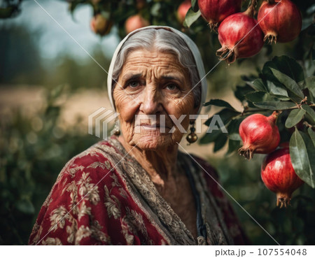 Portrait of an elderly and beautiful woman in a national costume in nature. Portrait of an elderly and beautiful woman in a national costume in nature. 107554048