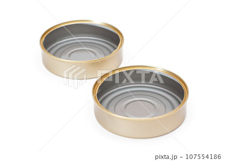 Two Opened Empty Tin Cans Isolated on White Background Two Opened Empty Tin Cans Isolated on White Background 107554186