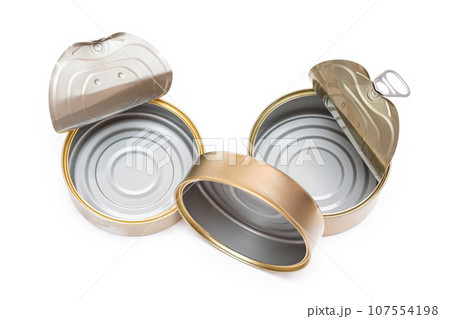 Three Opened Empty Tin Cans Isolated on White Background Three Opened Empty Tin Cans Isolated on White Background 107554198