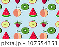Fruit pattern with peach, kiwi, watermelon, raspberry on blue background. 107554351