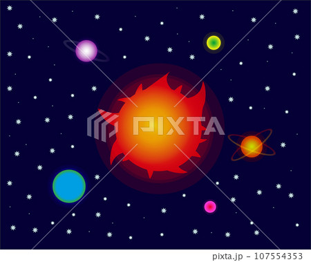 Solar system with Sun and fantastic planets and stars 107554353