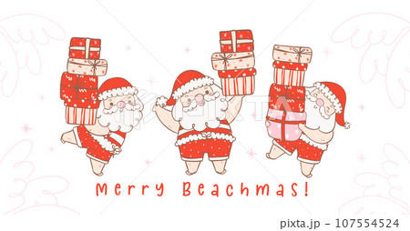 Cute summer christmas santa claus with gifts collection. Kawaii Summer Christmas Holiday Cartoon doodle hand drawing banner 107554524