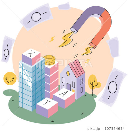 Huge magnet attracts money, bills flying around skyscraper. Income from sale or rental of real estate, capital investment. Start earn money. Financial success, profit, investment in immovables Huge magnet attracts money, bills flying around skyscraper. Income from sale or rental of real estate, capital investment. Start earn money. Financial success, profit, investment in immovables 107554654