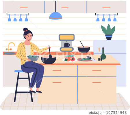 People cooking vegetarian food. Vector illustration. Cute girl cooking homemade meals in kitchen. Cooking dietary dishes. Woman cutting salad ingredients by recipe. Woman preparing salad 107554948