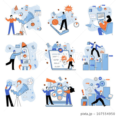 Promotion discount sale. Vector illustration. Flash sale online, game of fast fingers and faster checkouts Sales index, mood ring of marketplace Forecast of future sales, pathfinder in wilderness 107554950