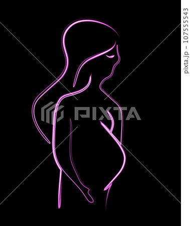 Vector isolated illustration of a pregnant woman. Contour drawing of a pregnant girl with a neon effect. 107555543