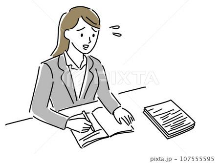 アナログ仕事の処理で困る女性シンプル線画 107555595