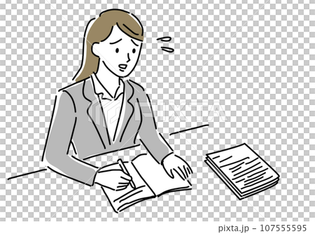 アナログ仕事の処理で困る女性シンプル線画 107555595