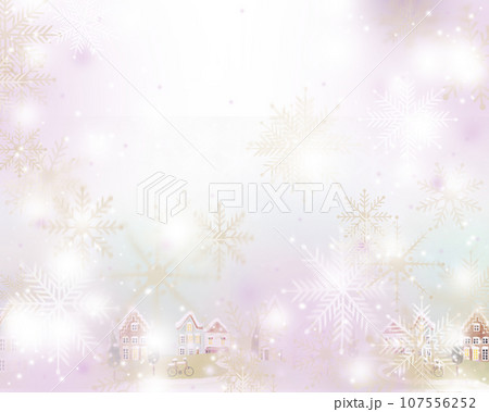 優しい色使いの北欧風オシャレな冬の街並みとキラキラ雪の結晶の降るフレームイラスト壁紙素材 107556252