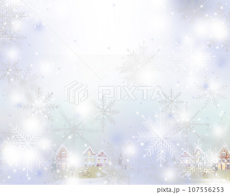 優しい色使いの北欧風美しい冬の街並みとキラキラ雪の結晶の降る銀世界フレームイラスト壁紙素材 107556253