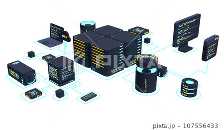 Computer technology 3D illustration. Computation of big data center. Cloud computing. Online devices upload and download information. Modern 3D illustration. 3D rendering Computer technology 3D illustration. Computation of big data center. Cloud computing. Online devices upload and download information. Modern 3D illustration. 3D rendering 107556433