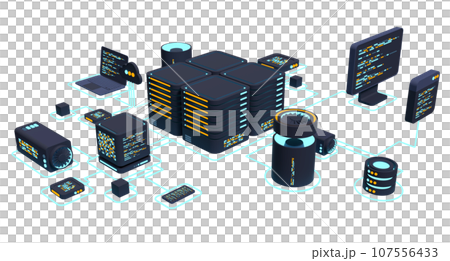 Computer technology 3D illustration. Computation of big data center. Cloud computing. Online devices upload and download information. Modern 3D illustration. 3D rendering Computer technology 3D illustration. Computation of big data center. Cloud computing. Online devices upload and download information. Modern 3D illustration. 3D rendering 107556433