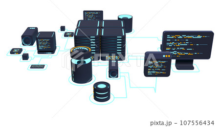 Computer technology 3D illustration. Computation of big data center. Cloud computing. Online devices upload and download information. Modern 3D illustration. 3D rendering Computer technology 3D illustration. Computation of big data center. Cloud computing. Online devices upload and download information. Modern 3D illustration. 3D rendering 107556434