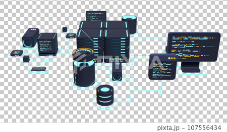 Computer technology 3D illustration. Computation of big data center. Cloud computing. Online devices upload and download information. Modern 3D illustration. 3D rendering Computer technology 3D illustration. Computation of big data center. Cloud computing. Online devices upload and download information. Modern 3D illustration. 3D rendering 107556434