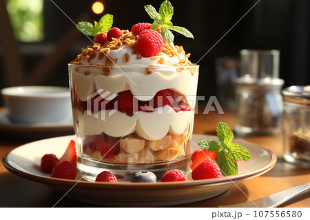 Greek Yogurt Parfait with Berries and Honey on table with kitchen background , AI generated 107556580