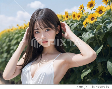 AI画像　青空のひまわり畑で笑顔を見せる若い女性 107556915