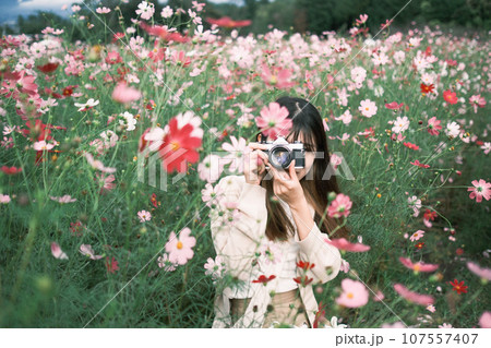 花畑で写真を撮る女性 107557407