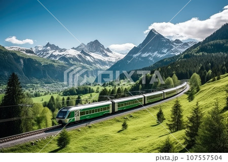 A locomotive pulls a passenger train along a winding road among the summer forest and mountains. A locomotive pulls a passenger train along a winding road among the summer forest and mountains. 107557504