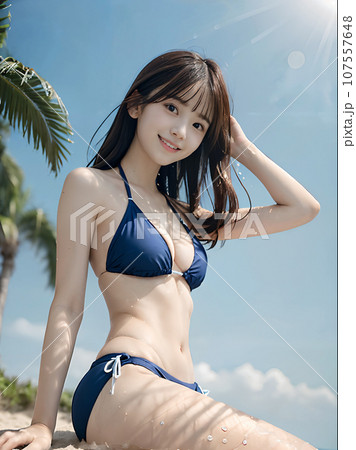 AI画像　青空のビーチで水着を着た笑顔の若い女性 107557648