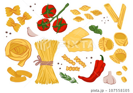 Italian pasta. Spaghetti poster, simple cook collection, nutrition, cute green set, happy nature, raw macaroni and tomatoes. Penne and farfalle. Vector abstract illustration 107558105