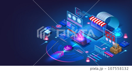 Digital store. Virtual shopping. Ecommerce background. Laptop and phone. Isometric smart 3D card. Online payment in smartphone. Business commerce. Hologram infographic. Vector poster 107558132