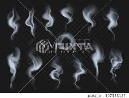 Cigarette smoke. Magic cloud different forms, transparent background, light shape and texture form. Fog, mist and vapor. Trails and clouds. Hookah realistic isolated elements. Vector set Cigarette smoke. Magic cloud different forms, transparent background, light shape and texture form. Fog, mist and vapor. Trails and clouds. Hookah realistic isolated elements. Vector set 107558133