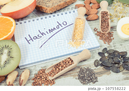 Notepad with inscription hashimoto and best ingredients or products for healthy thyroid 107558222