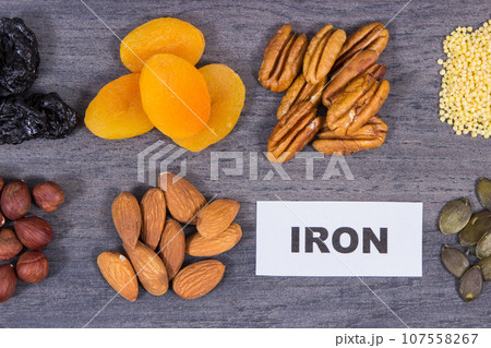 Food containing natural iron and other vitamins and minerals. Healthy eating 107558267