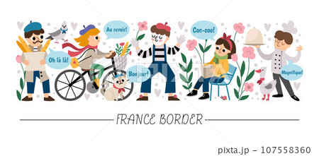 Vector horizontal border set with French people. France card template design with cute characters. Funny border with cook, mime, woman riding a bike, reading a book, man with baguette Vector horizontal border set with French people. France card template design with cute characters. Funny border with cook, mime, woman riding a bike, reading a book, man with baguette 107558360