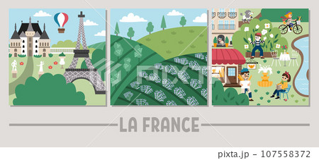 Vector Paris landscape illustrations set. French capital city scenes with people, Eiffel Tower, castle, lavender field. Cute France square background with river, park, mime, wine yard 107558372