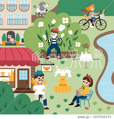 Vector Paris landscape illustration. French capital city scene with people, animals, sights, traditional building, bakery. Cute France square background with river, park, mime, man, baguette 107558373