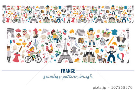 Vector French horizontal seamless border with people, animals, Eiffel tower, traditional symbols. Touristic France repeating pattern brush with croissant, tricolor, baguette 107558376