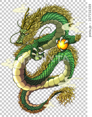 A dragon with a golden mane stands solemnly holding a beautiful jewel in his hand. 107558389