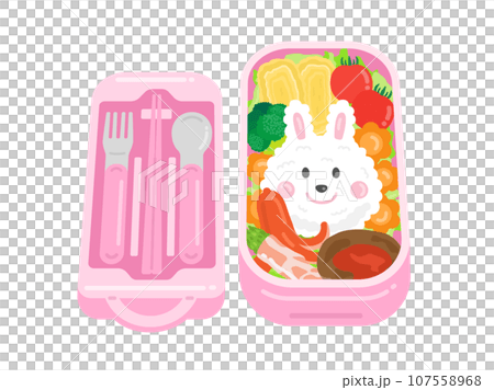 兒童粉紅午餐盒和餐具組的插圖 107558968