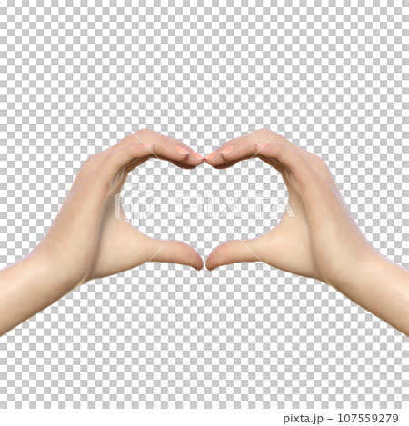 A woman's hands posing in a heart shape with both hands. Front 3D illustration of parts only 107559279