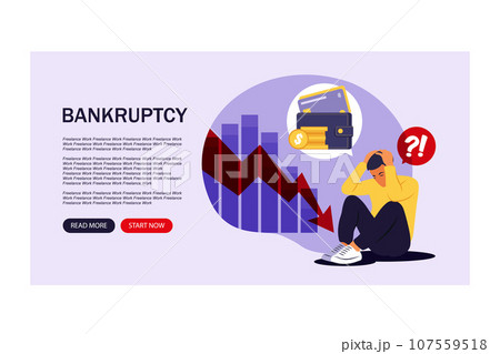 Financial problems and bankruptcy concept. Landing Page. Depressed young man sits and thinks about finding money to pay bills. Vector illustration. Flat. 107559518