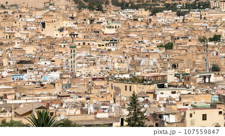 Beautiful panoramic view of the old Medina in Fes, Morocco (Fes El Bali Medina), a sea of buildings made of earthy tones. It's a bustling maze of life, with people and markets nestled in its heart Beautiful panoramic view of the old Medina in Fes, Morocco (Fes El Bali Medina), a sea of buildings made of earthy tones. It's a bustling maze of life, with people and markets nestled in its heart 107559847