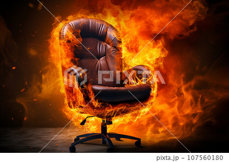Burning office chair on black background. Burnout syndrome, deadline, burnout at work concept. Armchair on fire as a symbol of stress, restless, anxiety, mental health problems, anger, panic, overwork Burning office chair on black background. Burnout syndrome, deadline, burnout at work concept. Armchair on fire as a symbol of stress, restless, anxiety, mental health problems, anger, panic, overwork 107560180