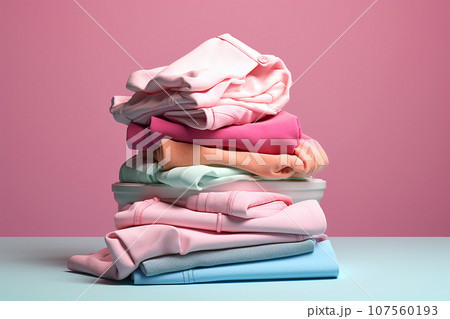 Pile of clothes ready for laundry. Stack of colorful clothes. Laundry day, fabric recycling concept. Fashion industry pollution, sustainability, up cycling, secondary clothing, reuse. Copy space Pile of clothes ready for laundry. Stack of colorful clothes. Laundry day, fabric recycling concept. Fashion industry pollution, sustainability, up cycling, secondary clothing, reuse. Copy space 107560193