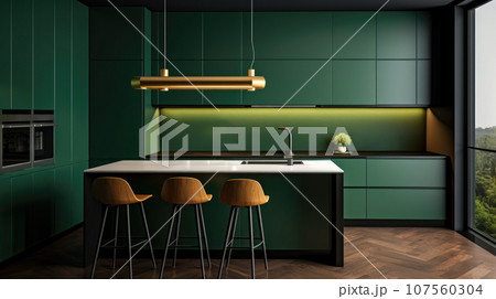 The dark green, forest interior of the kitchen, the design is modern for ideas and inspiration Bar 107560304
