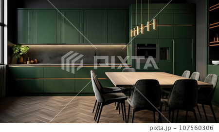 The dark green, forest interior of the kitchen, the design is modern for ideas and inspiration. The dark green, forest interior of the kitchen, the design is modern for ideas and inspiration. 107560306