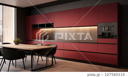 The Burgundy interior of the kitchen, the design is modern for ideas and inspiration. 107560310